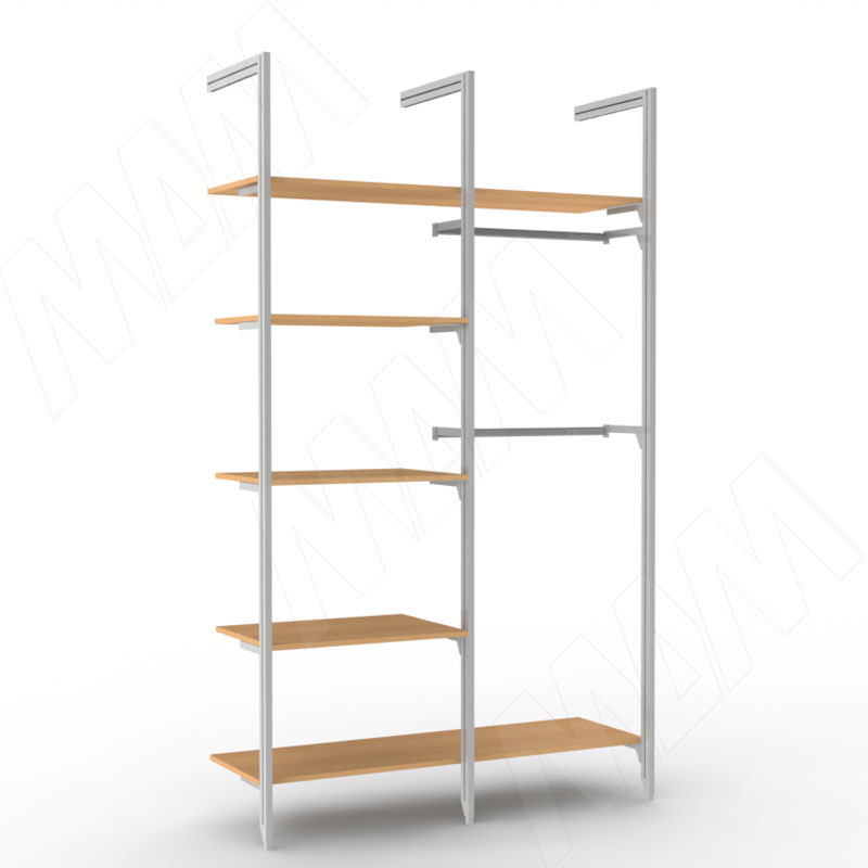 KALI, 2 секции, 3 L-образной стойки, для 5-ти деревянных полок, для 2-х овальных штанг, серебро
